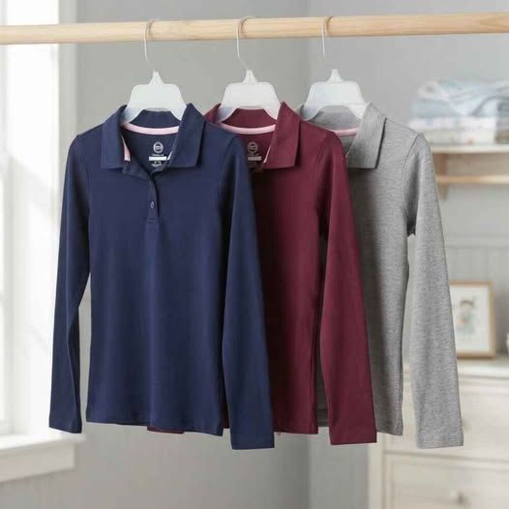 Wonder Nation Girls' Long Sleeve Polo Shirts, 3-Pack